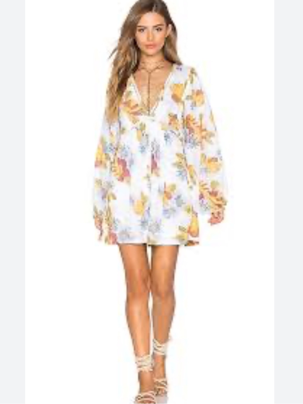 Free People White Floral V-Neck Mini Dress with Yellow & Lavender Print